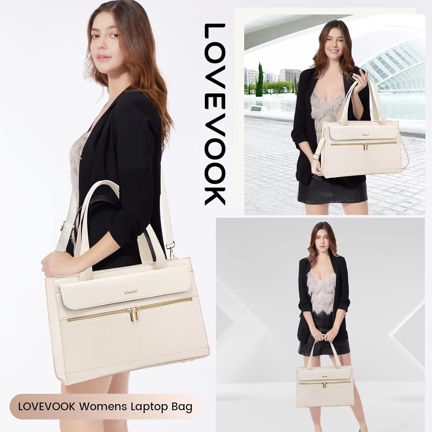 LOVEVOOK Laptop Bag for Women 15.6 Inch Tote Work Professional Leather Computer Briefcase Waterproof Handbag Shoulder Large Capacity Business Teacher Office Crossbody Purse, 206# Beige White