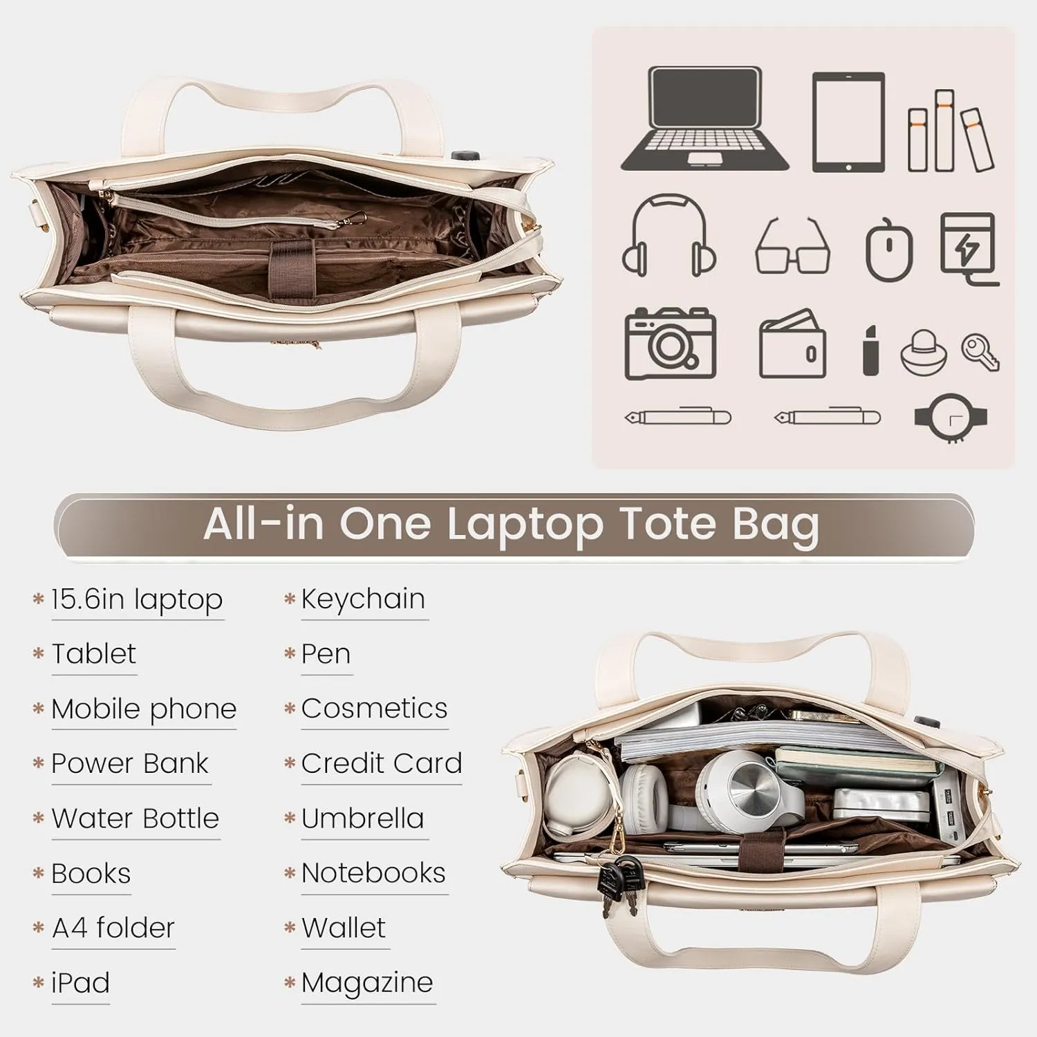 LOVEVOOK Laptop Bag for Women 15.6 Inch Tote Work Professional Leather Computer Briefcase Waterproof Handbag Shoulder Large Capacity Business Teacher Office Crossbody Purse, 206# Beige White