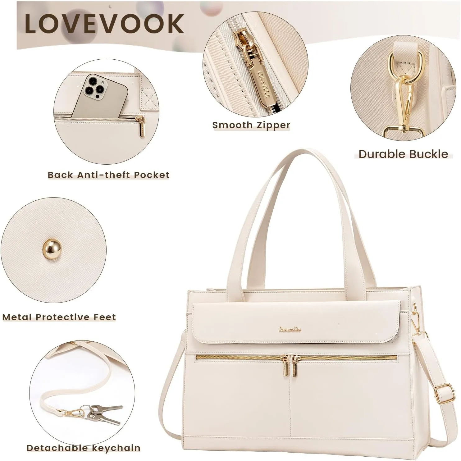 LOVEVOOK Laptop Bag for Women 15.6 Inch Tote Work Professional Leather Computer Briefcase Waterproof Handbag Shoulder Large Capacity Business Teacher Office Crossbody Purse, 206# Beige White