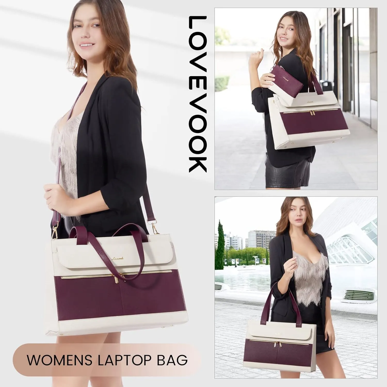 LOVEVOOK Laptop Bag Women 15.6 Inch Laptop Tote Professional Leather Computer Briefcase Waterproof Shoulder Bag Large Capacity Business Teacher Office Crossbody Purse