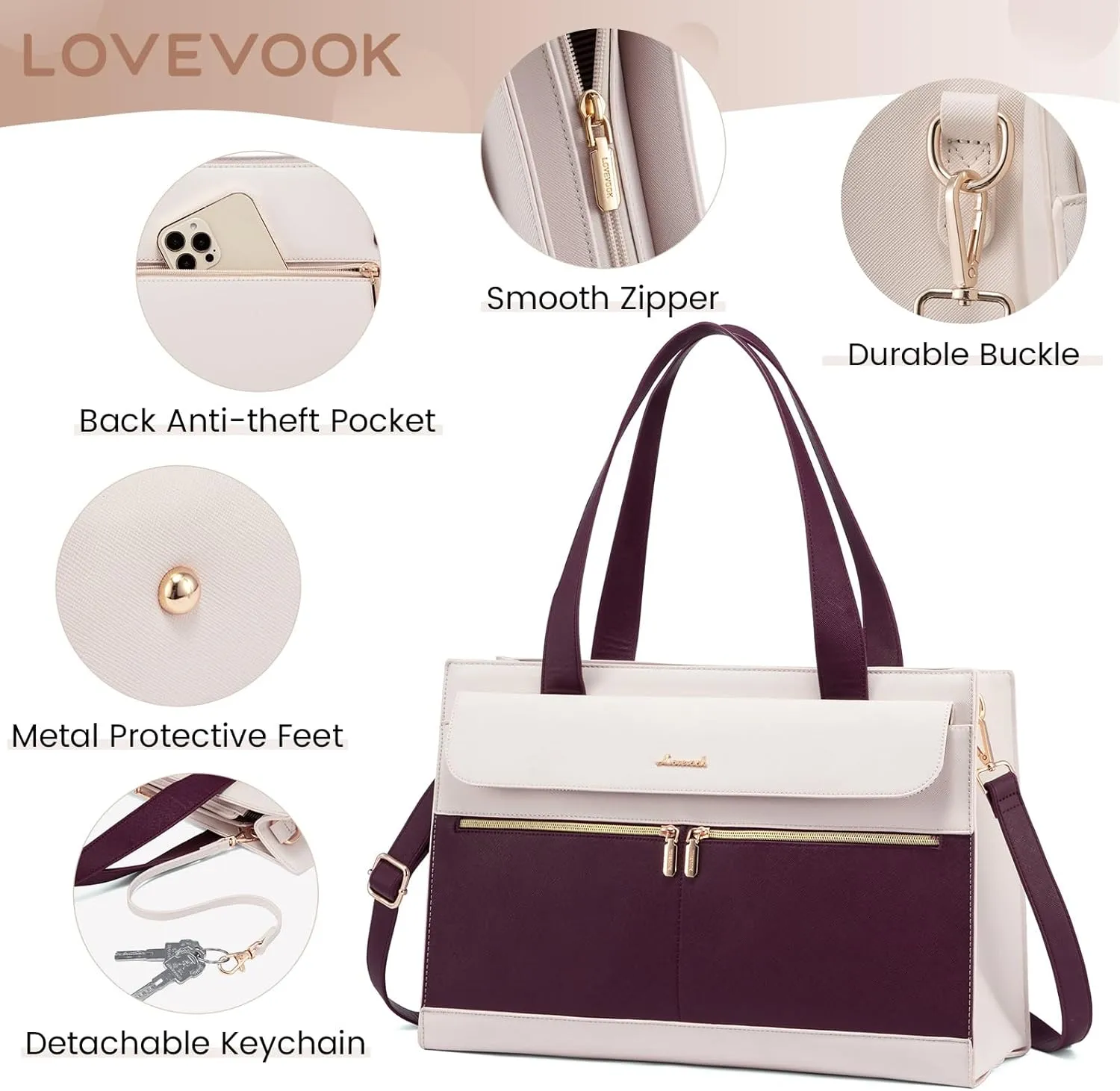 LOVEVOOK Laptop Bag Women 15.6 Inch Laptop Tote Professional Leather Computer Briefcase Waterproof Shoulder Bag Large Capacity Business Teacher Office Crossbody Purse