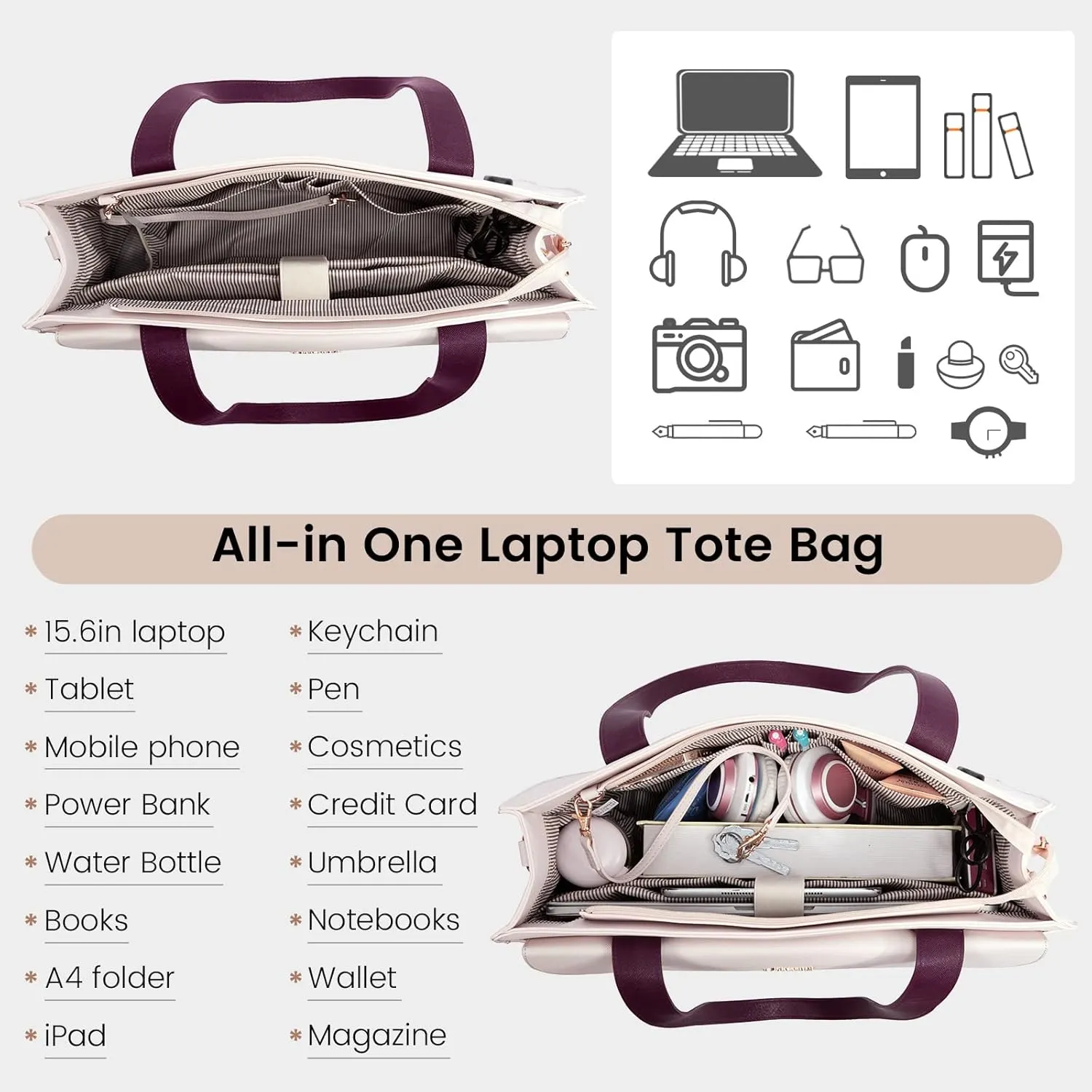 LOVEVOOK Laptop Bag Women 15.6 Inch Laptop Tote Professional Leather Computer Briefcase Waterproof Shoulder Bag Large Capacity Business Teacher Office Crossbody Purse