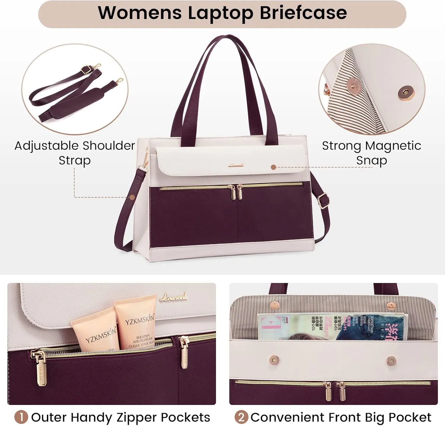 LOVEVOOK Laptop Bag Women 15.6 Inch Laptop Tote Professional Leather Computer Briefcase Waterproof Shoulder Bag Large Capacity Business Teacher Office Crossbody Purse