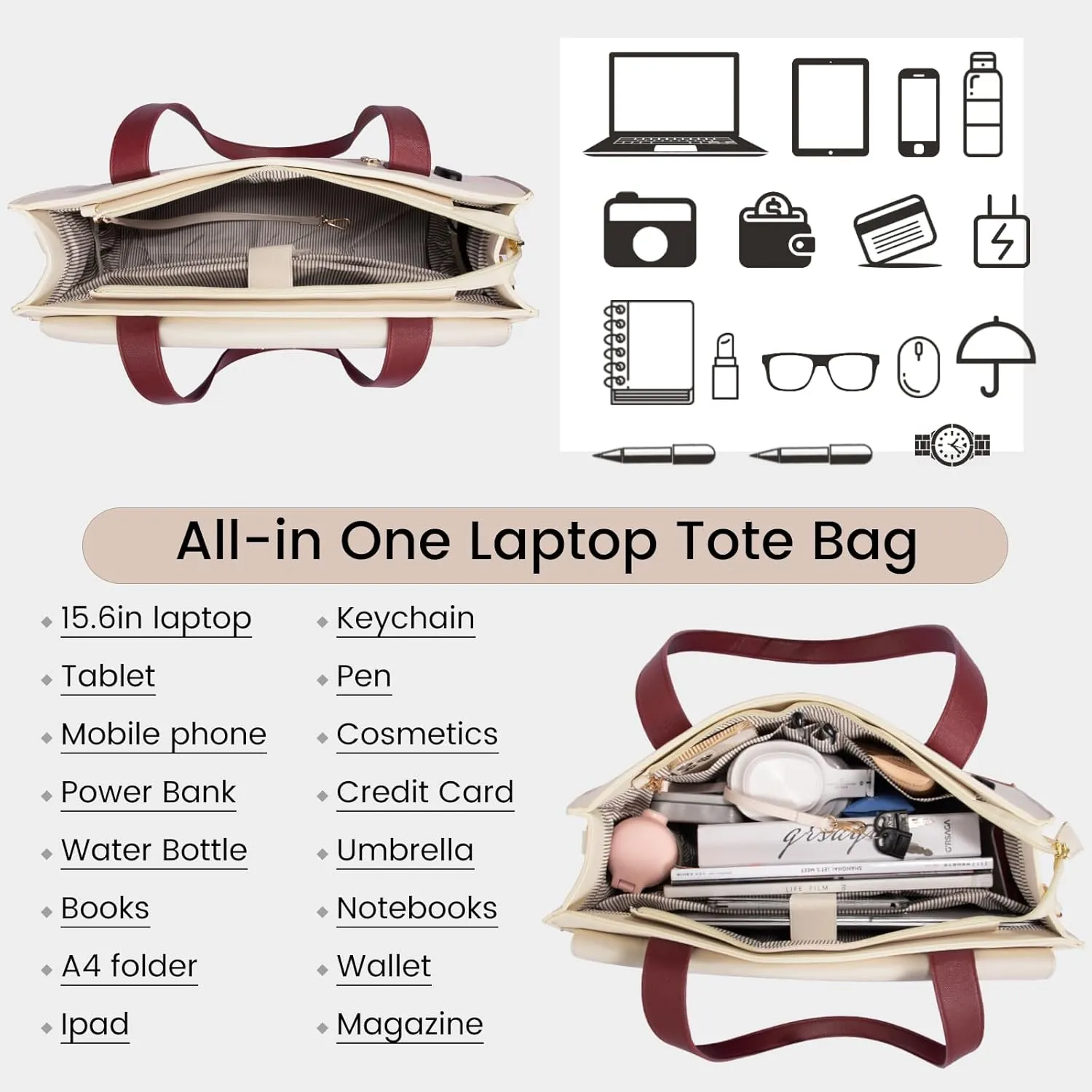 LOVEVOOK Laptop Tote - 15.6 Inch Professional Leather Computer Briefcase - Waterproof Shoulder Bag - Large Capacity Business Teacher Office Bag - Crossbody Purse