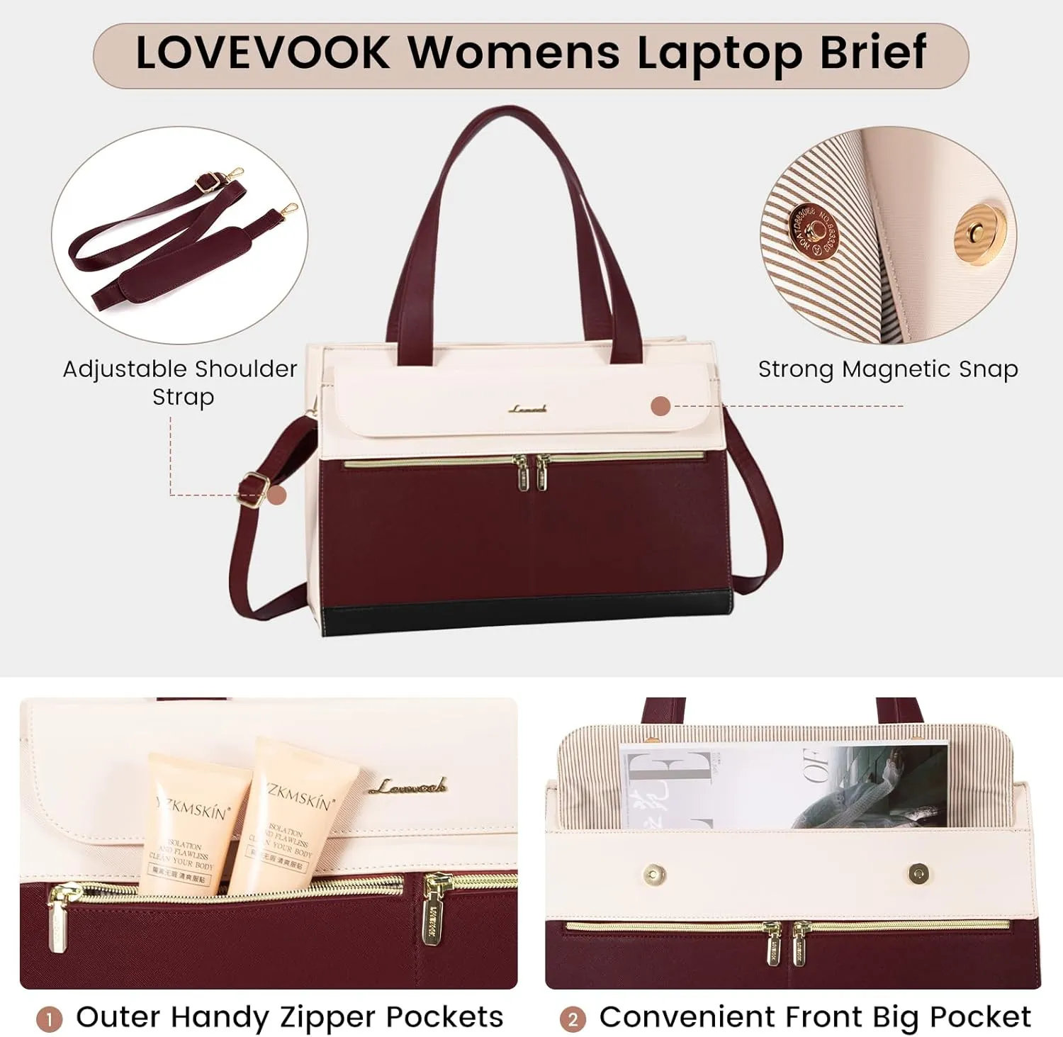 LOVEVOOK Laptop Tote - 15.6 Inch Professional Leather Computer Briefcase - Waterproof Shoulder Bag - Large Capacity Business Teacher Office Bag - Crossbody Purse