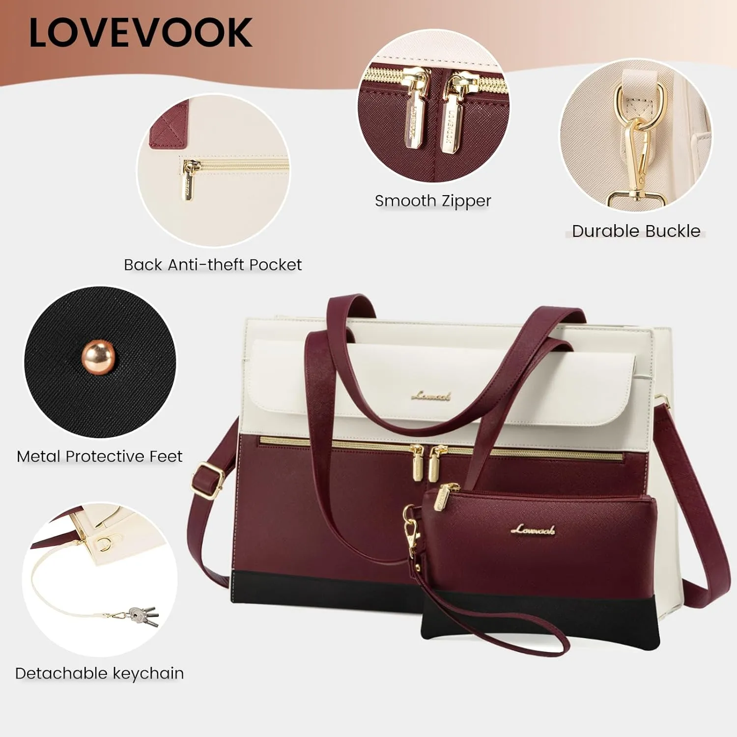 LOVEVOOK Laptop Tote - 15.6 Inch Professional Leather Computer Briefcase - Waterproof Shoulder Bag - Large Capacity Business Teacher Office Bag - Crossbody Purse