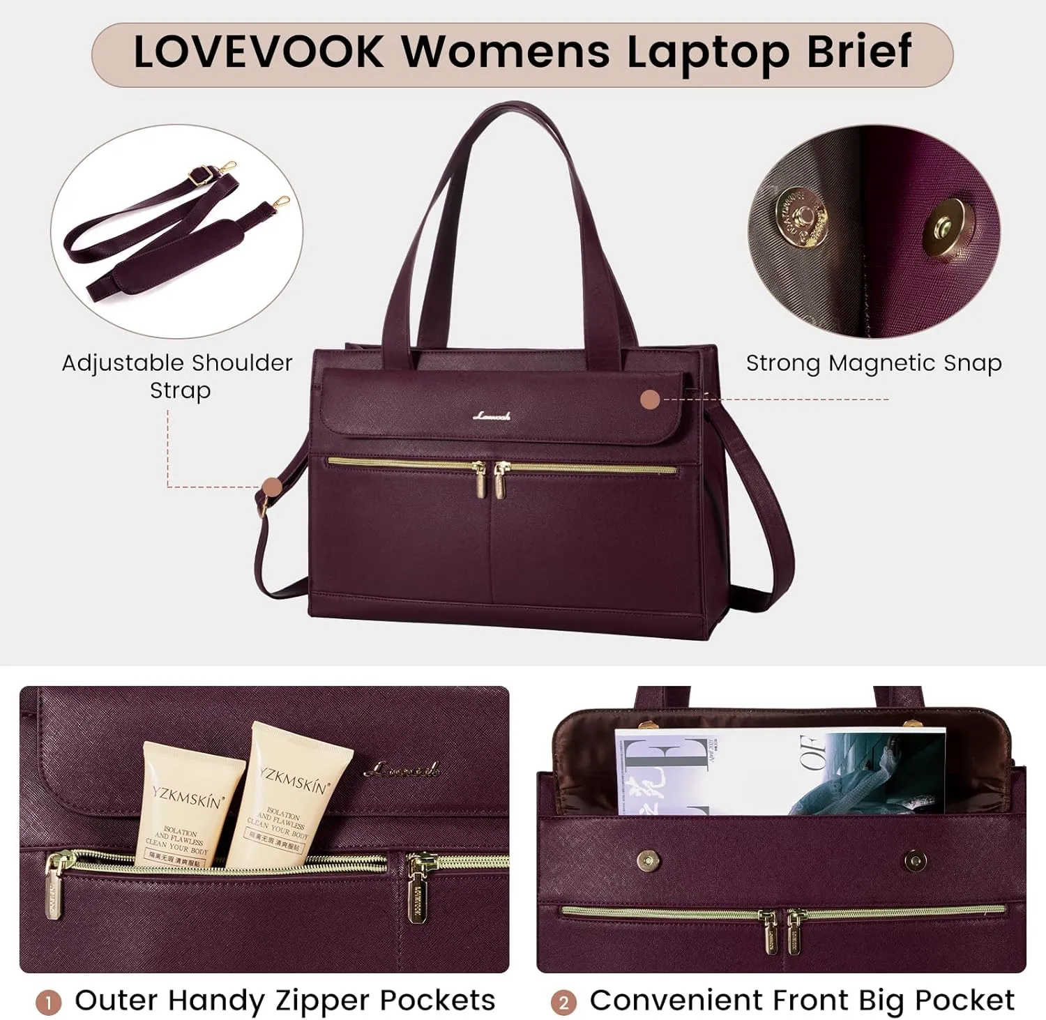 LOVEVOOK Laptop Tote for Women - 15.6 Inch Professional Leather Computer Briefcase, Waterproof Shoulder Bag, Large Capacity Business Teacher Office Bag, Crossbody Purse - Fuchsia