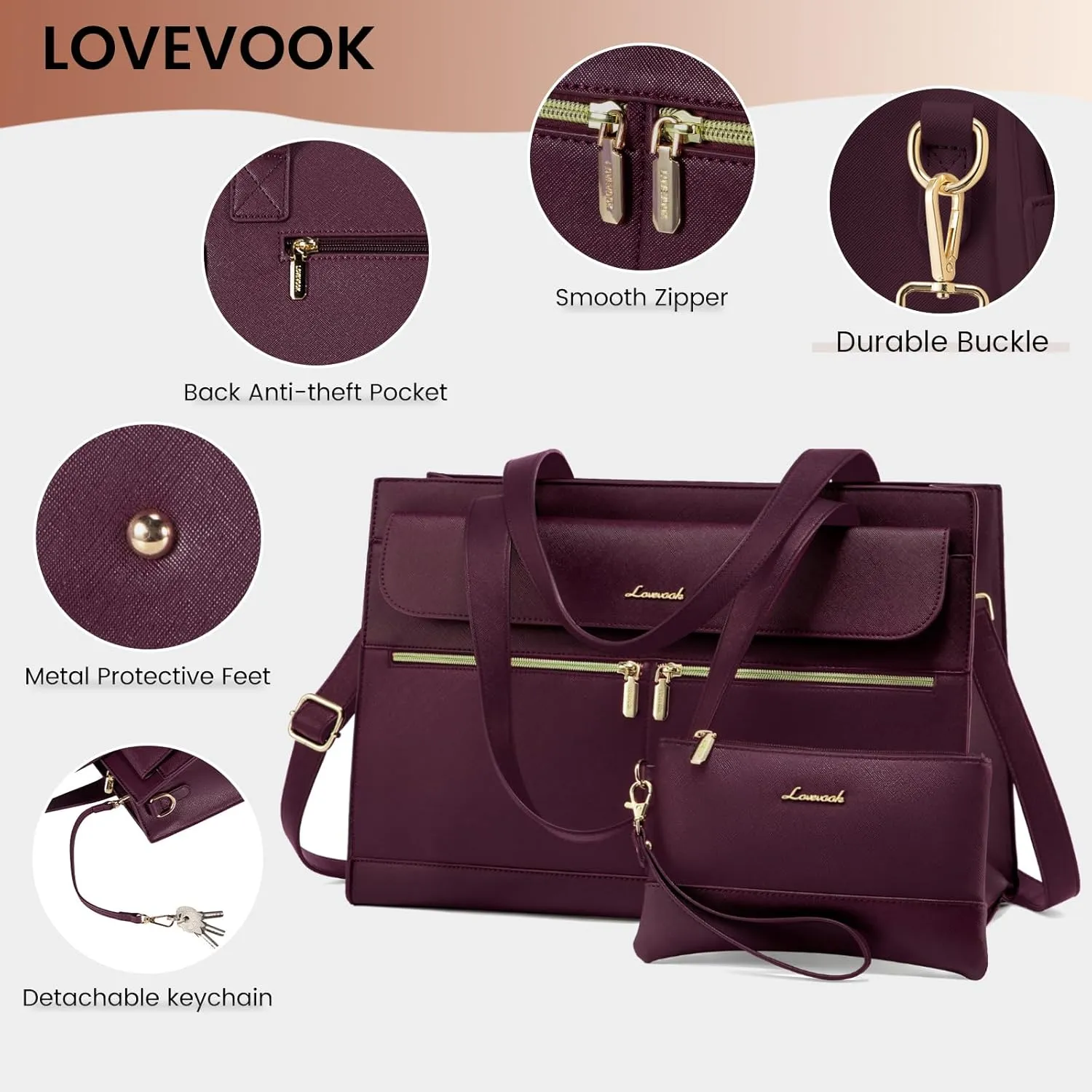 LOVEVOOK Laptop Tote for Women - 15.6 Inch Professional Leather Computer Briefcase, Waterproof Shoulder Bag, Large Capacity Business Teacher Office Bag, Crossbody Purse - Fuchsia