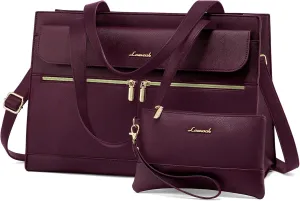 LOVEVOOK Laptop Tote for Women - 15.6 Inch Professional Leather Computer Briefcase, Waterproof Shoulder Bag, Large Capacity Business Teacher Office Bag, Crossbody Purse - Fuchsia