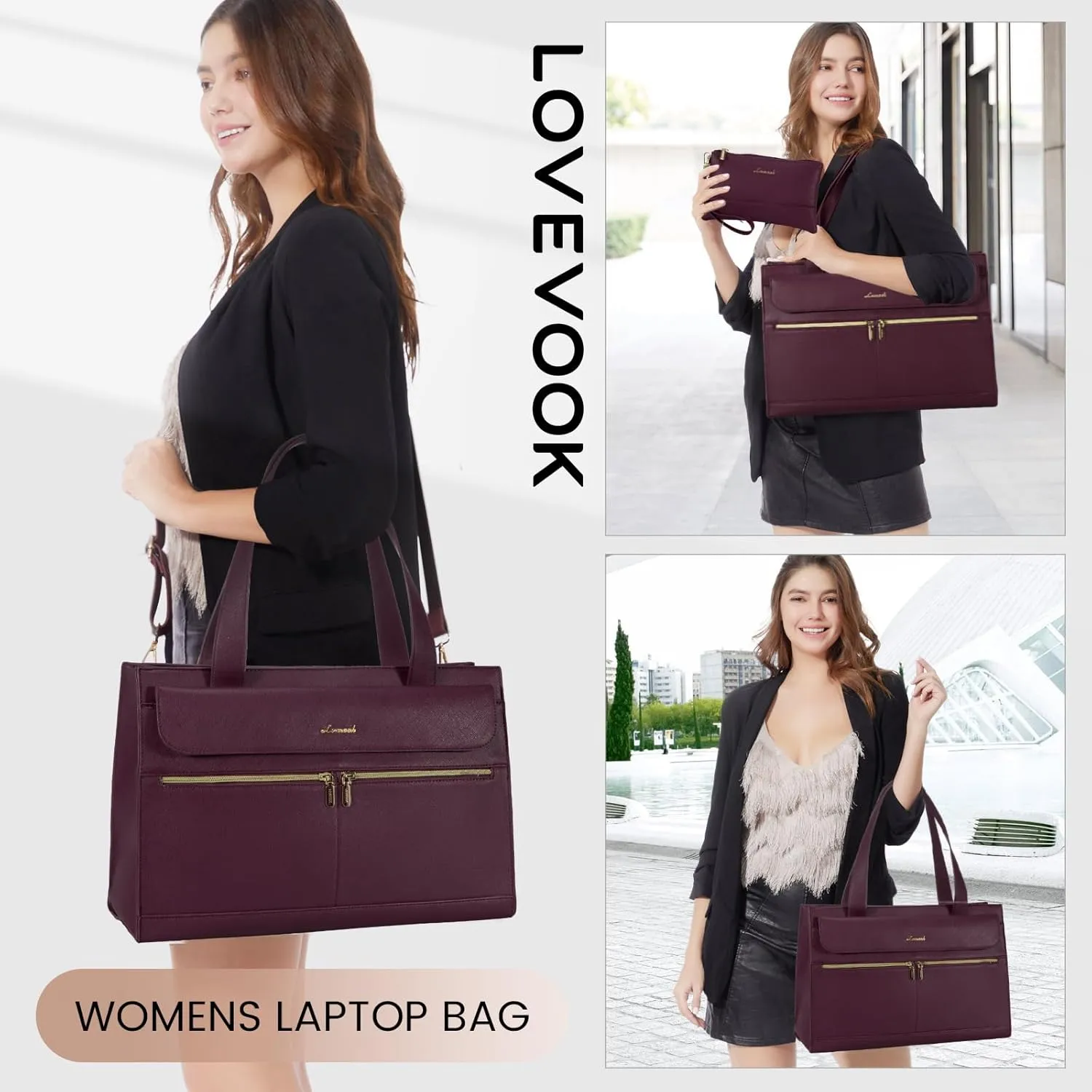 LOVEVOOK Laptop Tote for Women - 15.6 Inch Professional Leather Computer Briefcase, Waterproof Shoulder Bag, Large Capacity Business Teacher Office Bag, Crossbody Purse - Fuchsia
