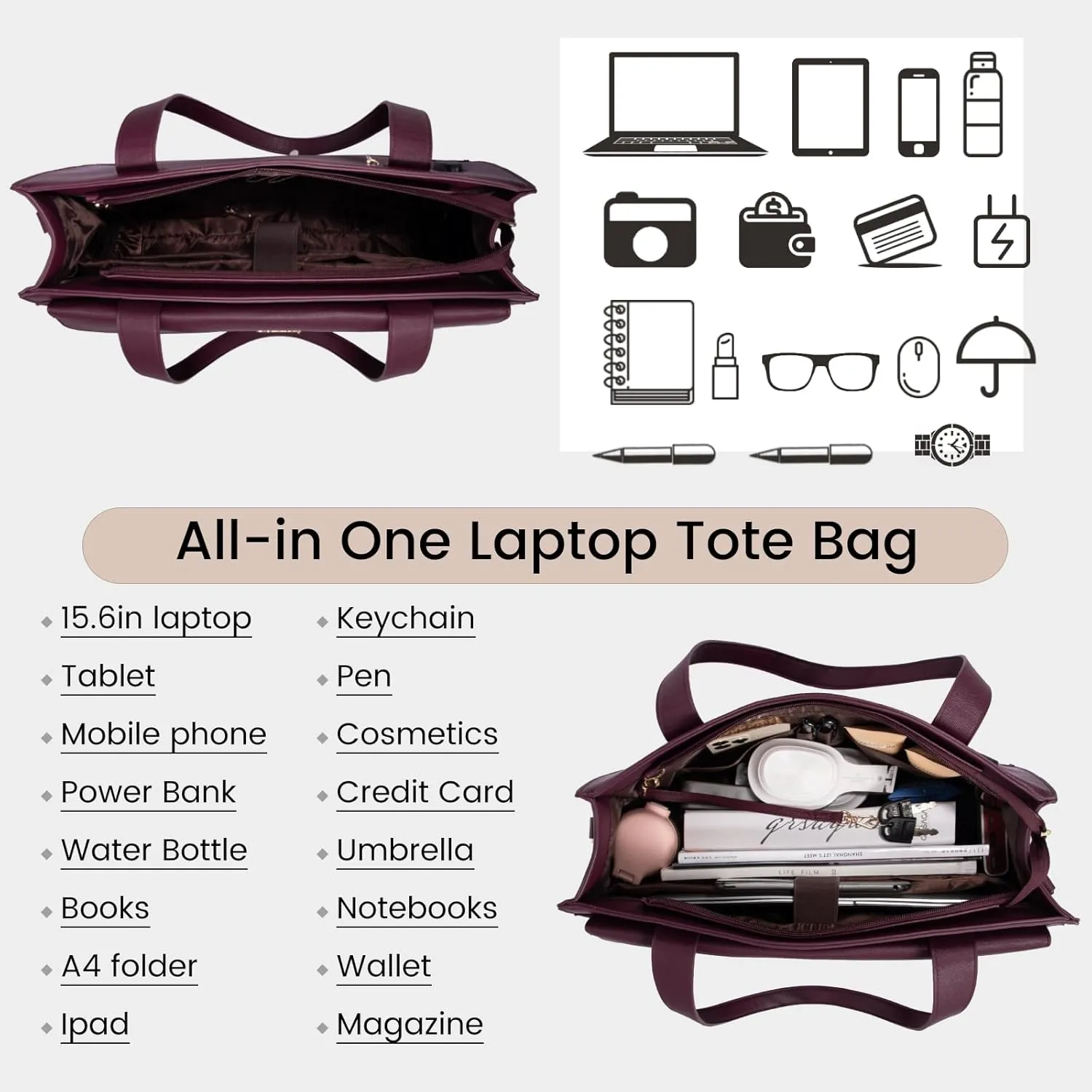 LOVEVOOK Laptop Tote for Women - 15.6 Inch Professional Leather Computer Briefcase, Waterproof Shoulder Bag, Large Capacity Business Teacher Office Bag, Crossbody Purse - Fuchsia