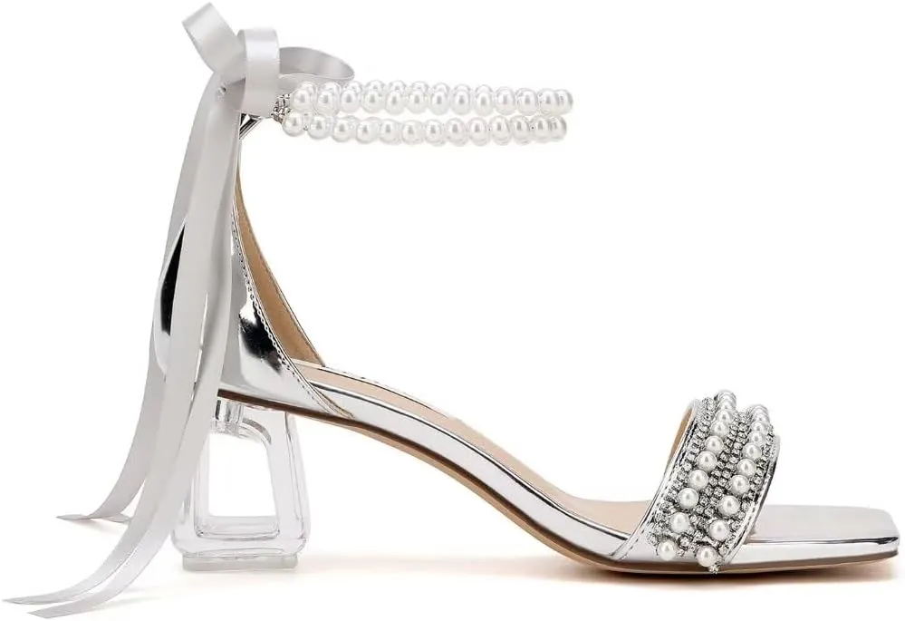 Low Block Heel Wedding Sandals Square Open Toe Clear Heels Bow Bridal Shoes Pearl Heels