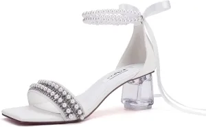 Low Block Heel Wedding Sandals Square Open Toe Clear Heels Bow Bridal Shoes Pearl Heels