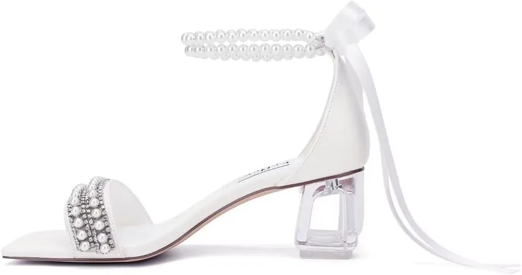 Low Block Heel Wedding Sandals Square Open Toe Clear Heels Bow Bridal Shoes Pearl Heels