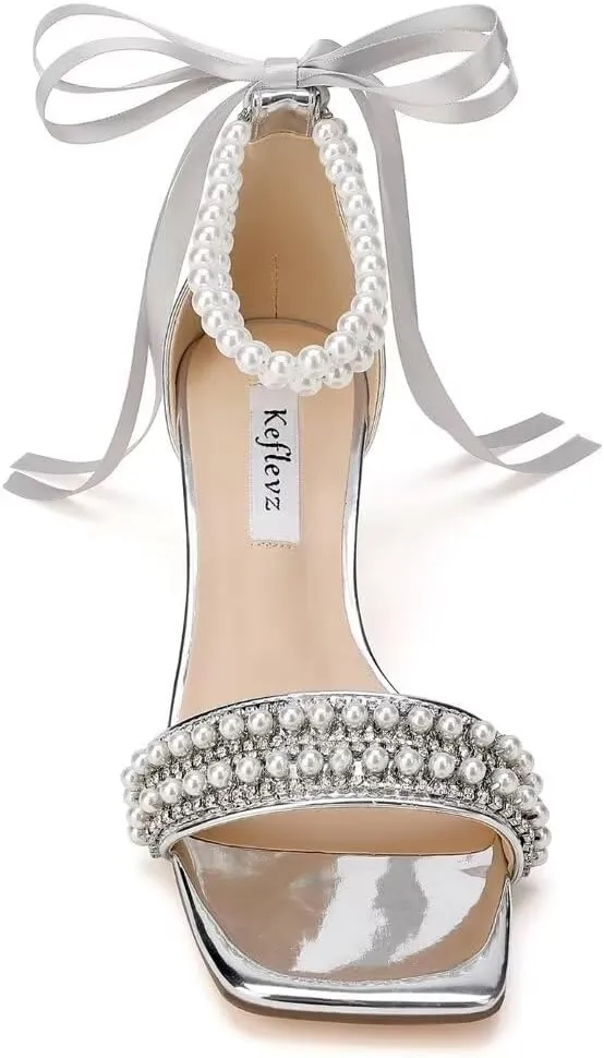 Low Block Heel Wedding Sandals Square Open Toe Clear Heels Bow Bridal Shoes Pearl Heels