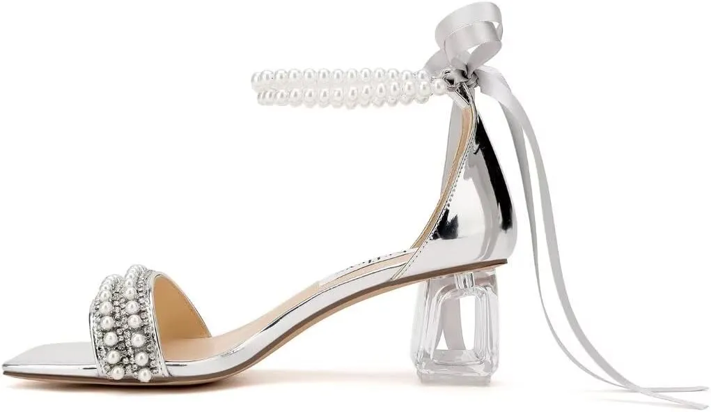 Low Block Heel Wedding Sandals Square Open Toe Clear Heels Bow Bridal Shoes Pearl Heels