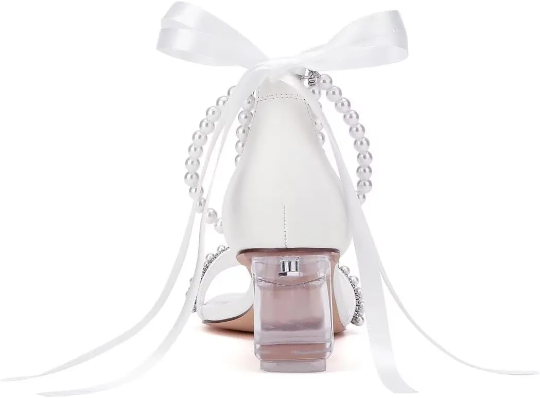 Low Block Heel Wedding Sandals Square Open Toe Clear Heels Bow Bridal Shoes Pearl Heels