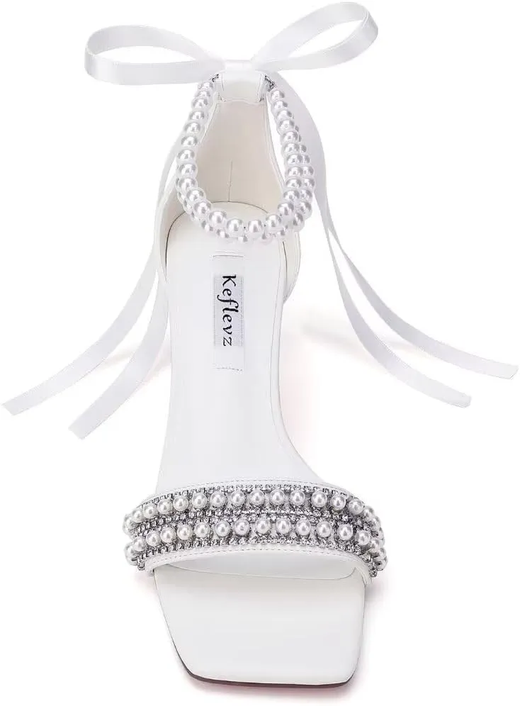 Low Block Heel Wedding Sandals Square Open Toe Clear Heels Bow Bridal Shoes Pearl Heels