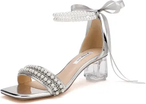 Low Block Heel Wedding Sandals Square Open Toe Clear Heels Bow Bridal Shoes Pearl Heels
