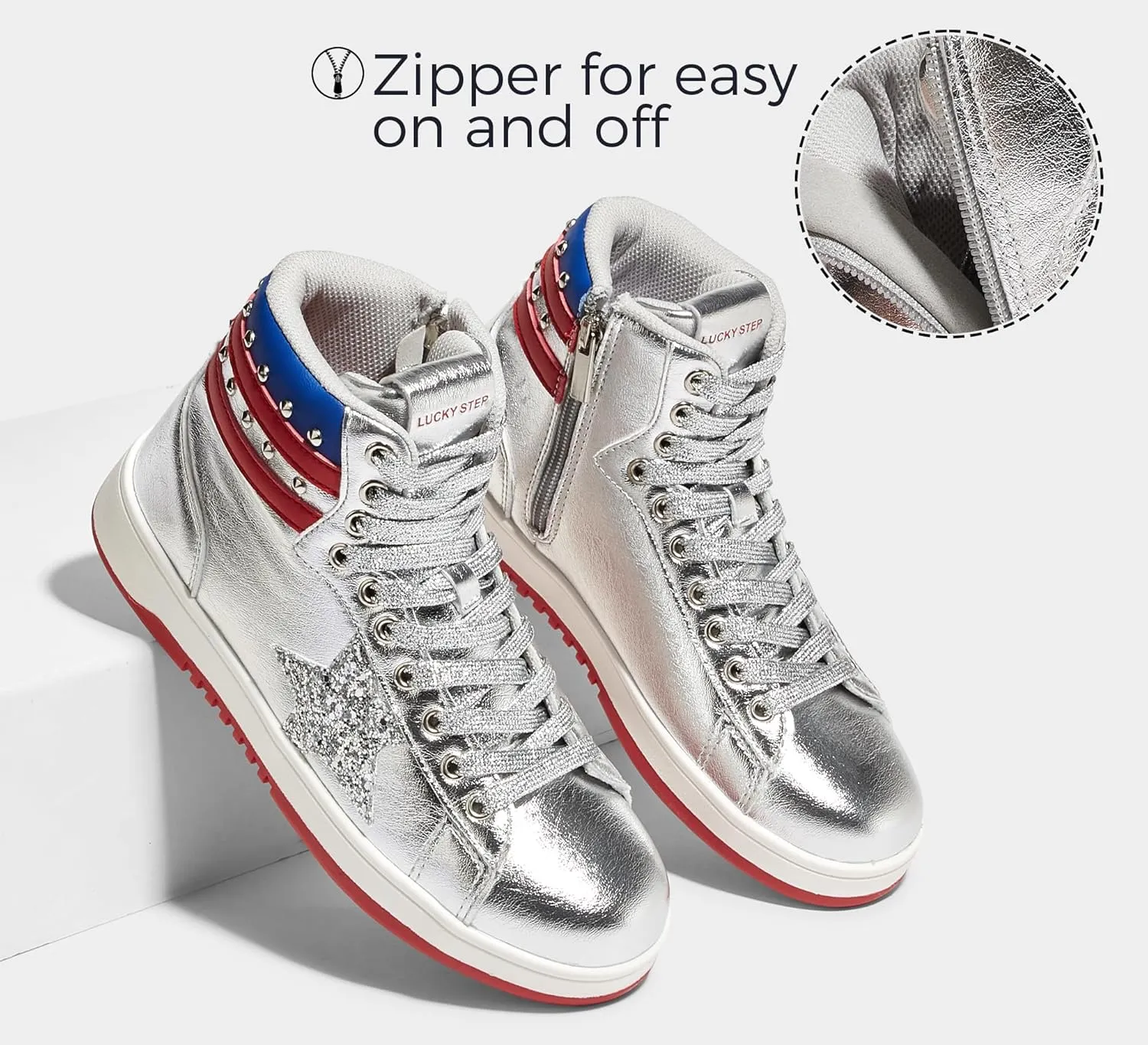 LUCKY STEP Women High Top Fashion Glitter Star Sneakers Retro Zipper Ankle Boots Basketball Tennis Casual Faux Leather Walking Shoes