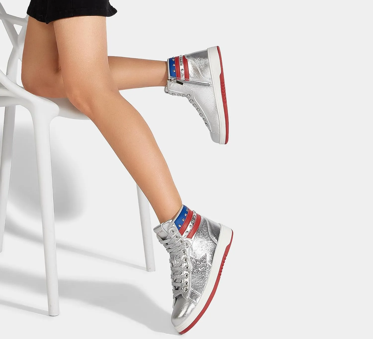 LUCKY STEP Women High Top Fashion Glitter Star Sneakers Retro Zipper Ankle Boots Basketball Tennis Casual Faux Leather Walking Shoes