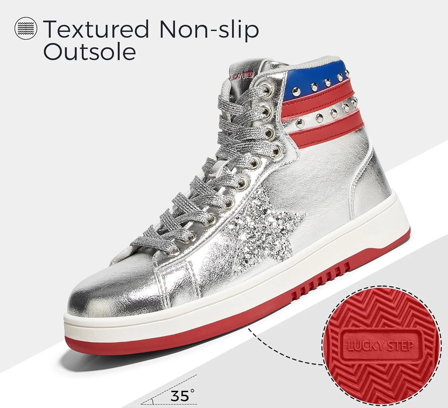 LUCKY STEP Women High Top Fashion Glitter Star Sneakers Retro Zipper Ankle Boots Basketball Tennis Casual Faux Leather Walking Shoes