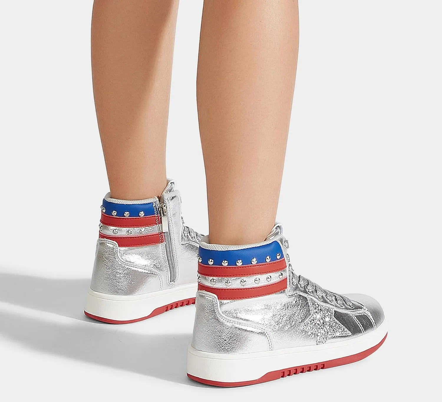 LUCKY STEP Women High Top Fashion Glitter Star Sneakers Retro Zipper Ankle Boots Basketball Tennis Casual Faux Leather Walking Shoes