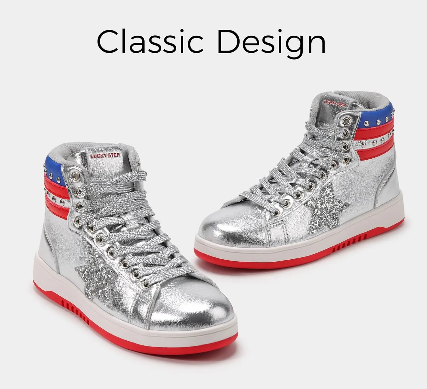 LUCKY STEP Women High Top Fashion Glitter Star Sneakers Retro Zipper Ankle Boots Basketball Tennis Casual Faux Leather Walking Shoes