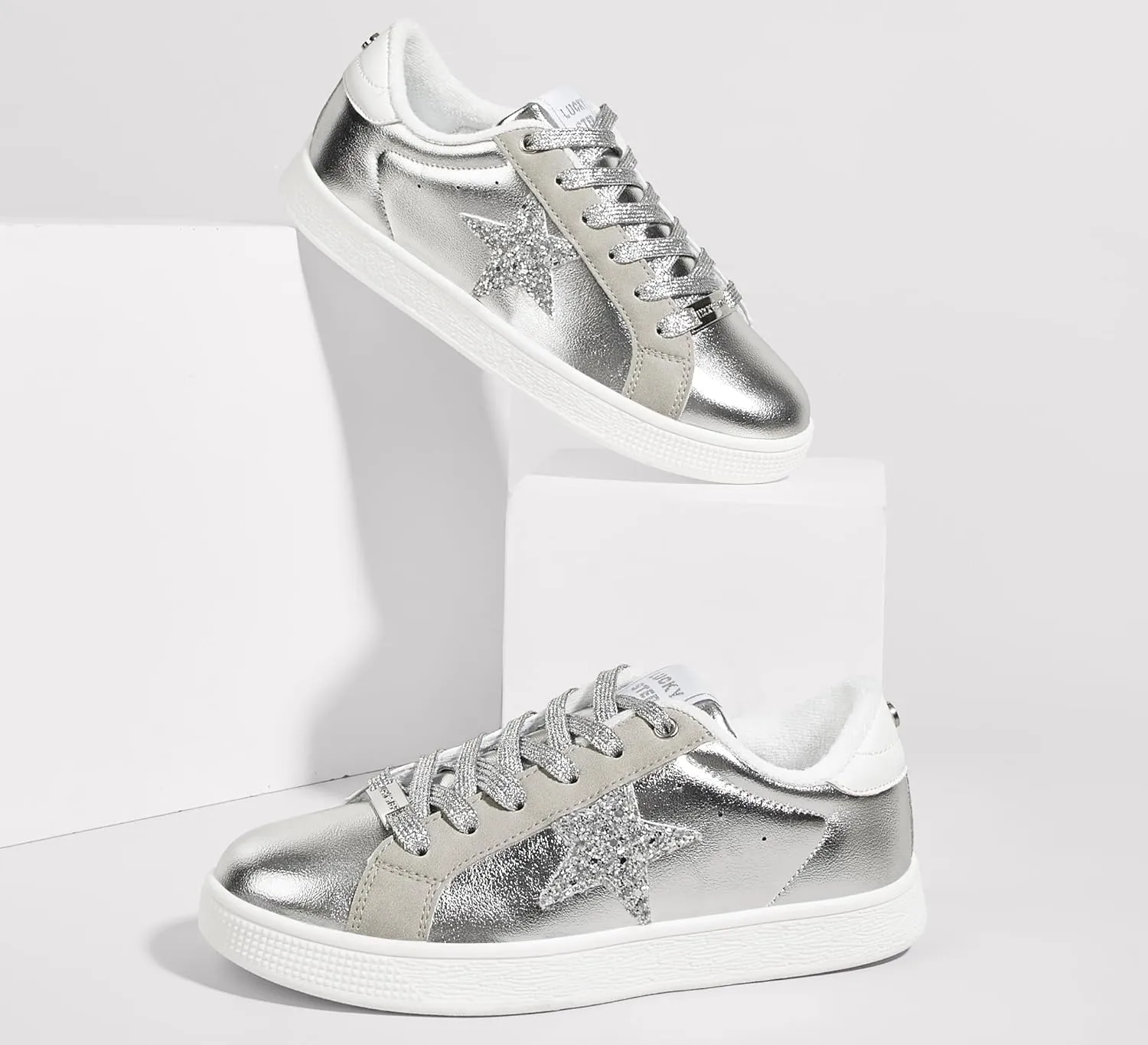 LUCKY STEP Women's Fashion Star Sneaker Lace Up Low Top Comfortable Cushioned Walking Shoes