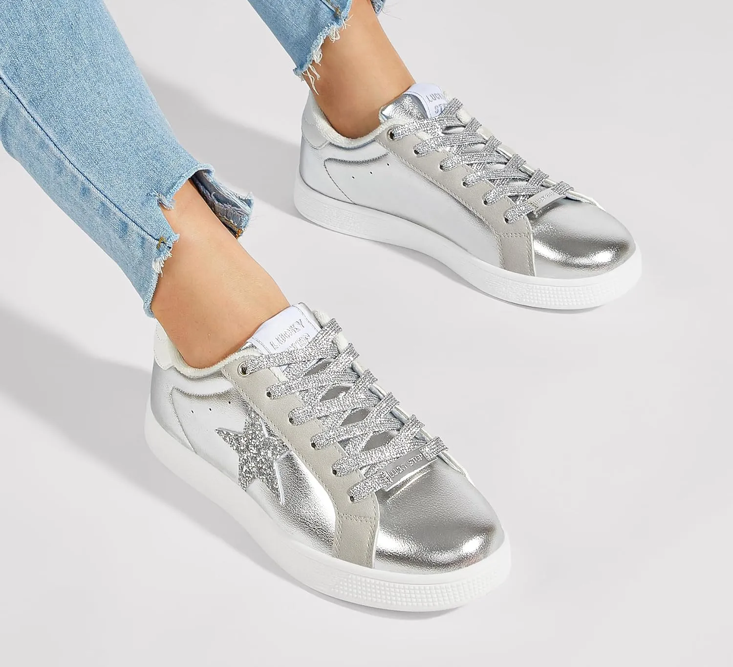 LUCKY STEP Women's Fashion Star Sneaker Lace Up Low Top Comfortable Cushioned Walking Shoes