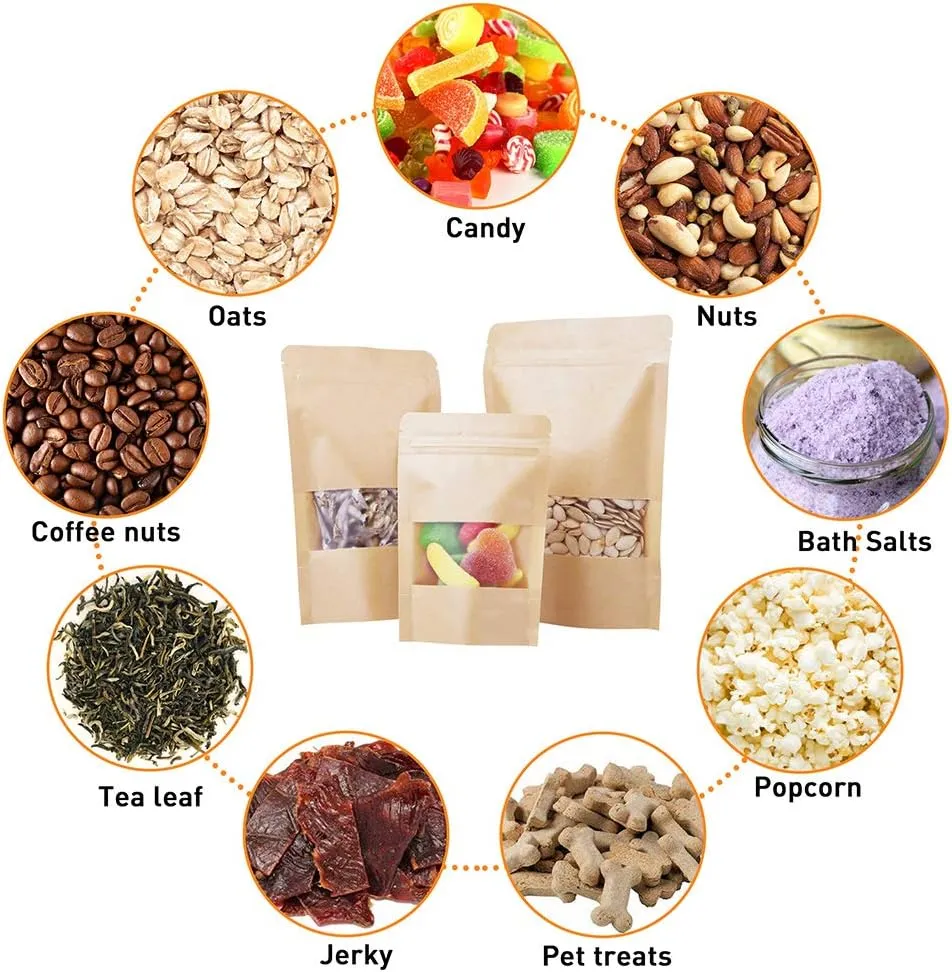 LZLPACKING Kraft Stand Up Pouches bags 100 Pcs,Brown Resealable Bags with Window for Home or Business,Coffee Bags,Zip Lock Food Storage Bags,Sealable Bags for Packaging(5.9×8.6)