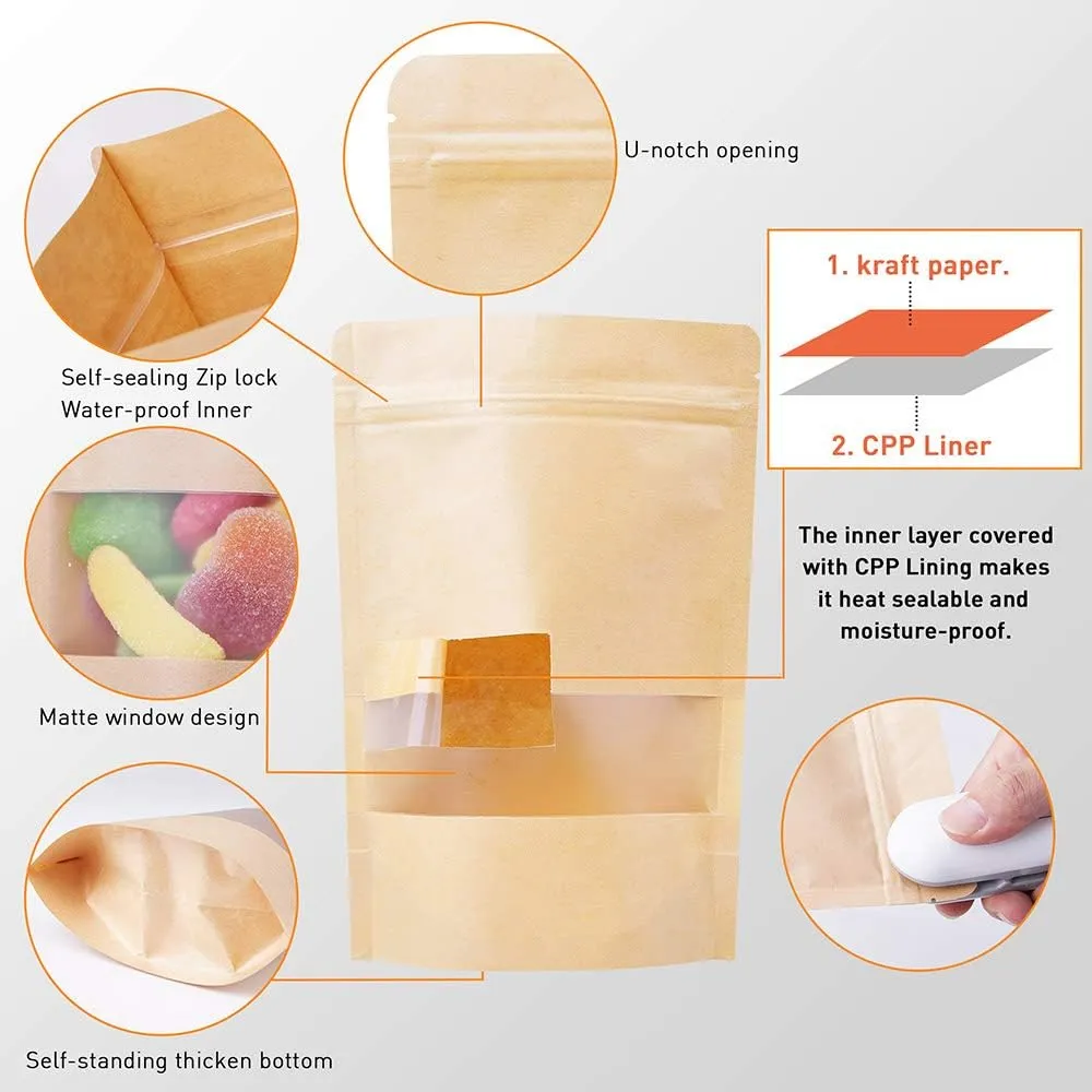 LZLPACKING Kraft Stand Up Pouches bags 100 Pcs,Brown Resealable Bags with Window for Home or Business,Coffee Bags,Zip Lock Food Storage Bags,Sealable Bags for Packaging(5.9×8.6)