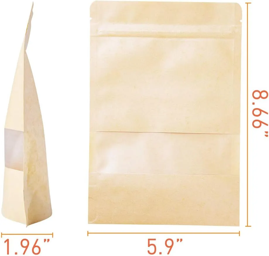 LZLPACKING Kraft Stand Up Pouches bags 100 Pcs,Brown Resealable Bags with Window for Home or Business,Coffee Bags,Zip Lock Food Storage Bags,Sealable Bags for Packaging(5.9×8.6)