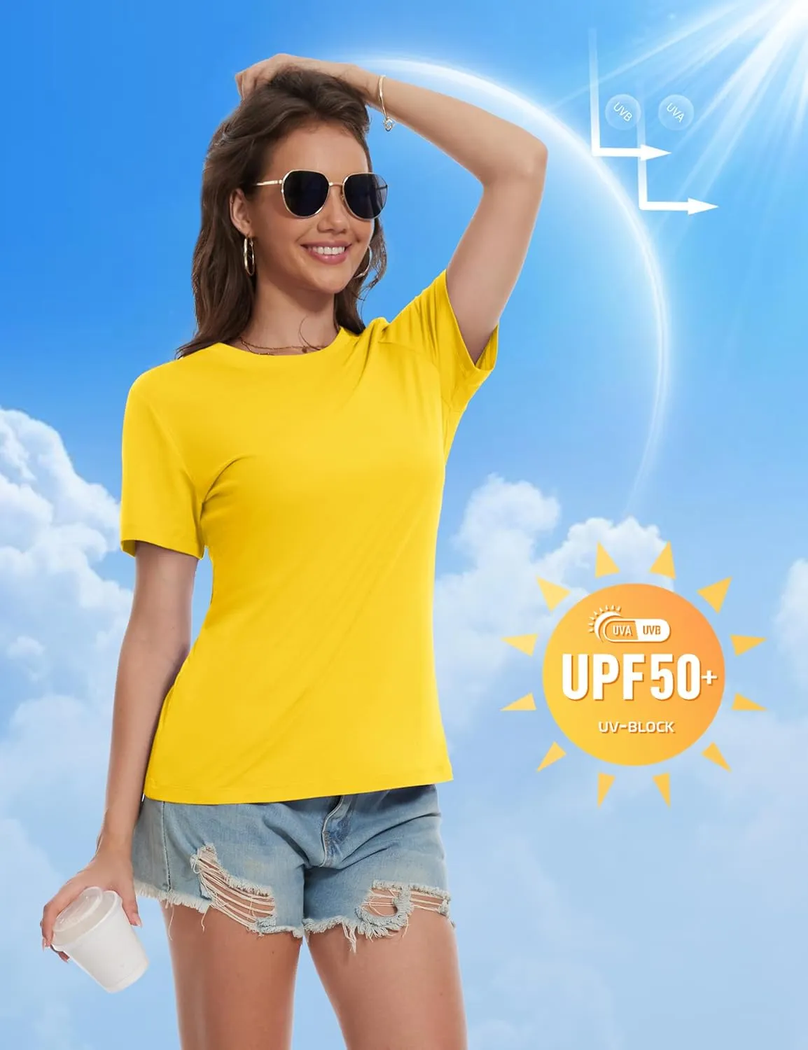 MAGCOMSEN Women's Short Sleeve T Shirts Cotton Summer UPF 50  Crew Neck Casual Tops Trendy Solid Color Basic Tees