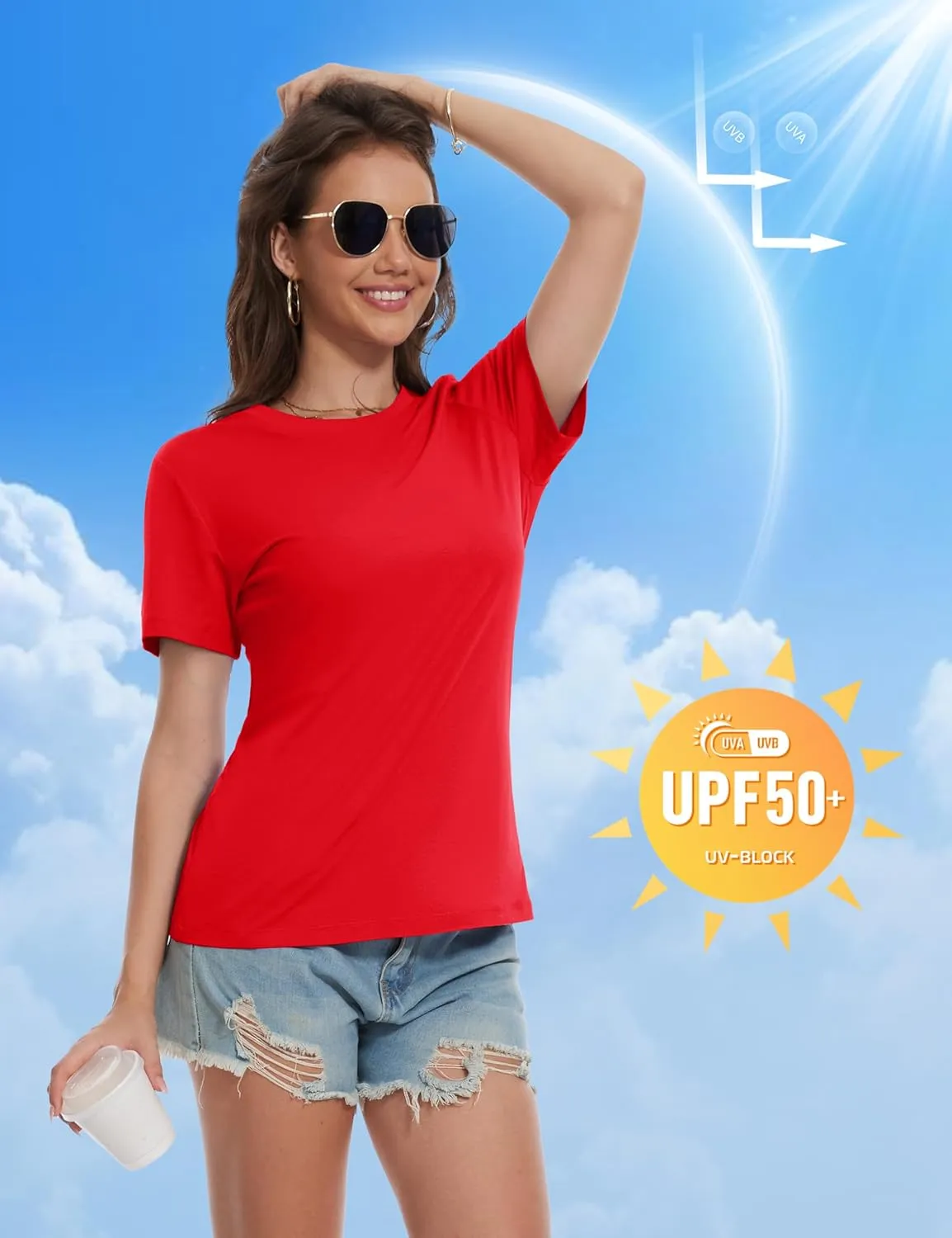 MAGCOMSEN Women's Short Sleeve T Shirts Cotton Summer UPF 50  Crew Neck Casual Tops Trendy Solid Color Basic Tees
