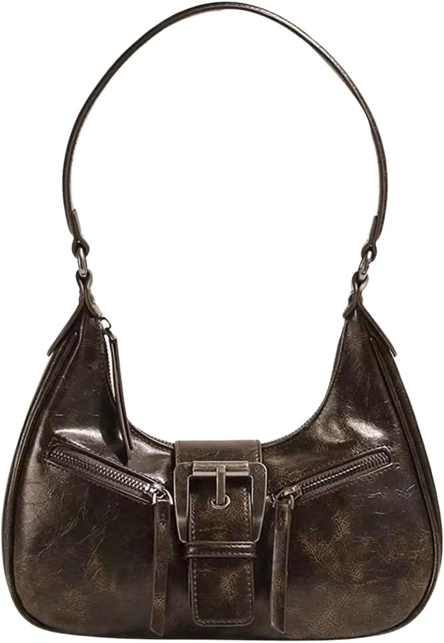 MakeMeChic Women's PU Leather Top Handle Buckle Medium Square Bag Vintage Shoulder Handbags Hobo Bags