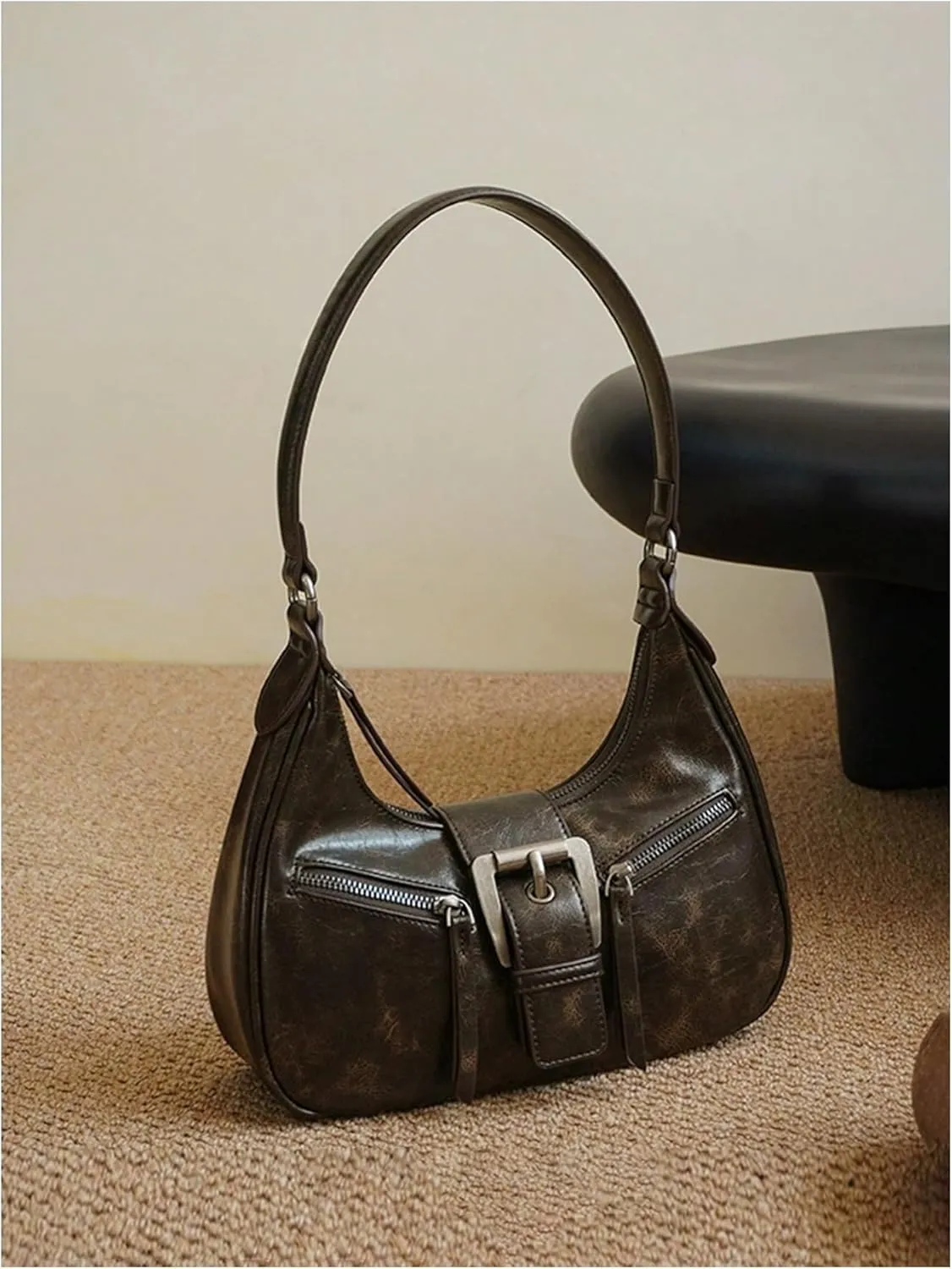 MakeMeChic Women's PU Leather Top Handle Buckle Medium Square Bag Vintage Shoulder Handbags Hobo Bags