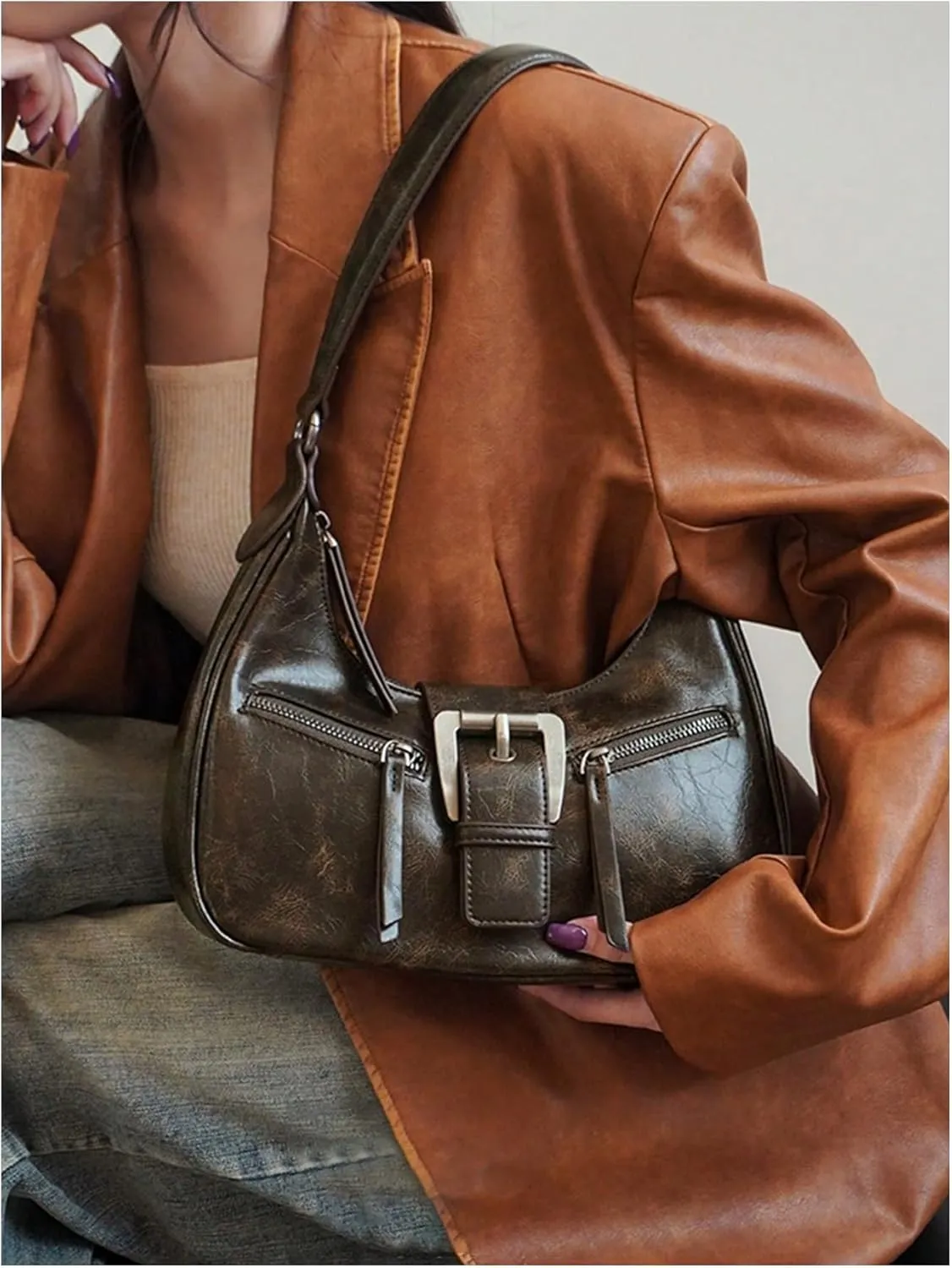 MakeMeChic Women's PU Leather Top Handle Buckle Medium Square Bag Vintage Shoulder Handbags Hobo Bags