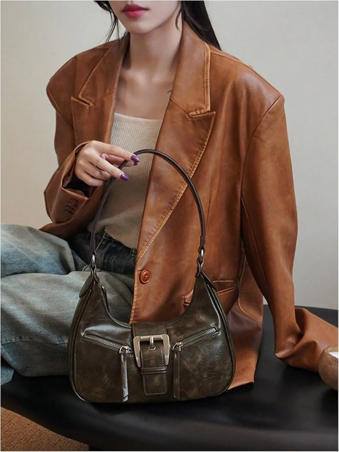 MakeMeChic Women's PU Leather Top Handle Buckle Medium Square Bag Vintage Shoulder Handbags Hobo Bags