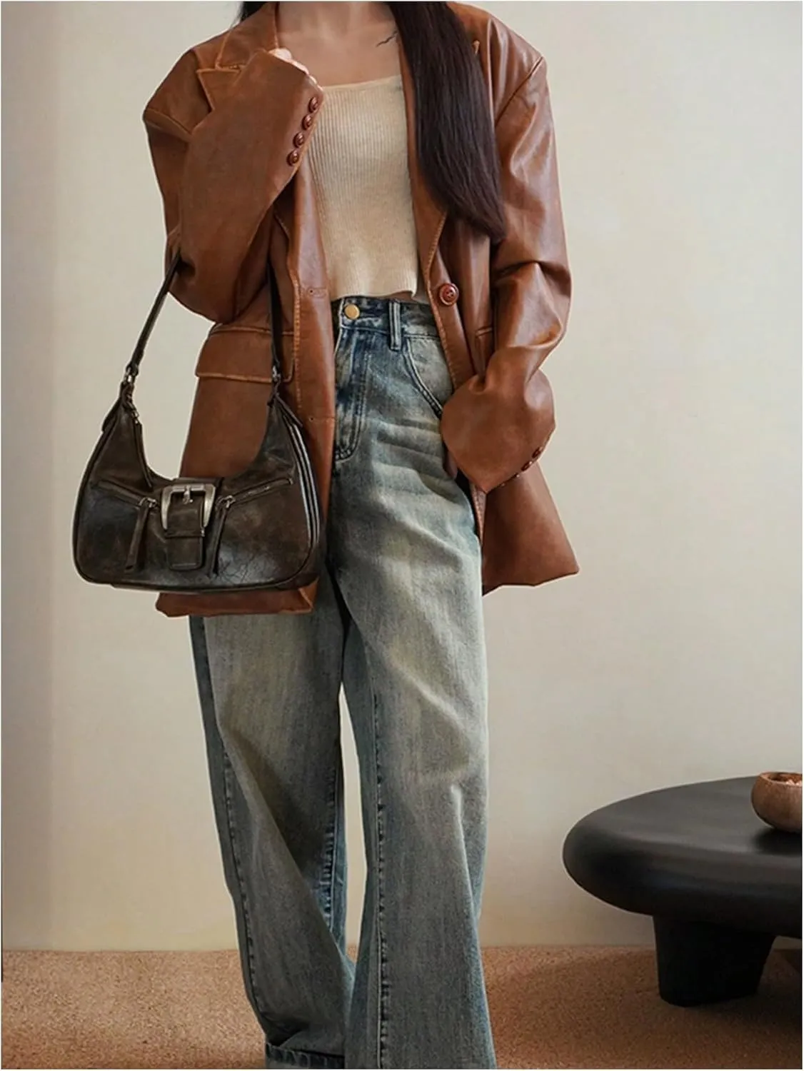 MakeMeChic Women's PU Leather Top Handle Buckle Medium Square Bag Vintage Shoulder Handbags Hobo Bags