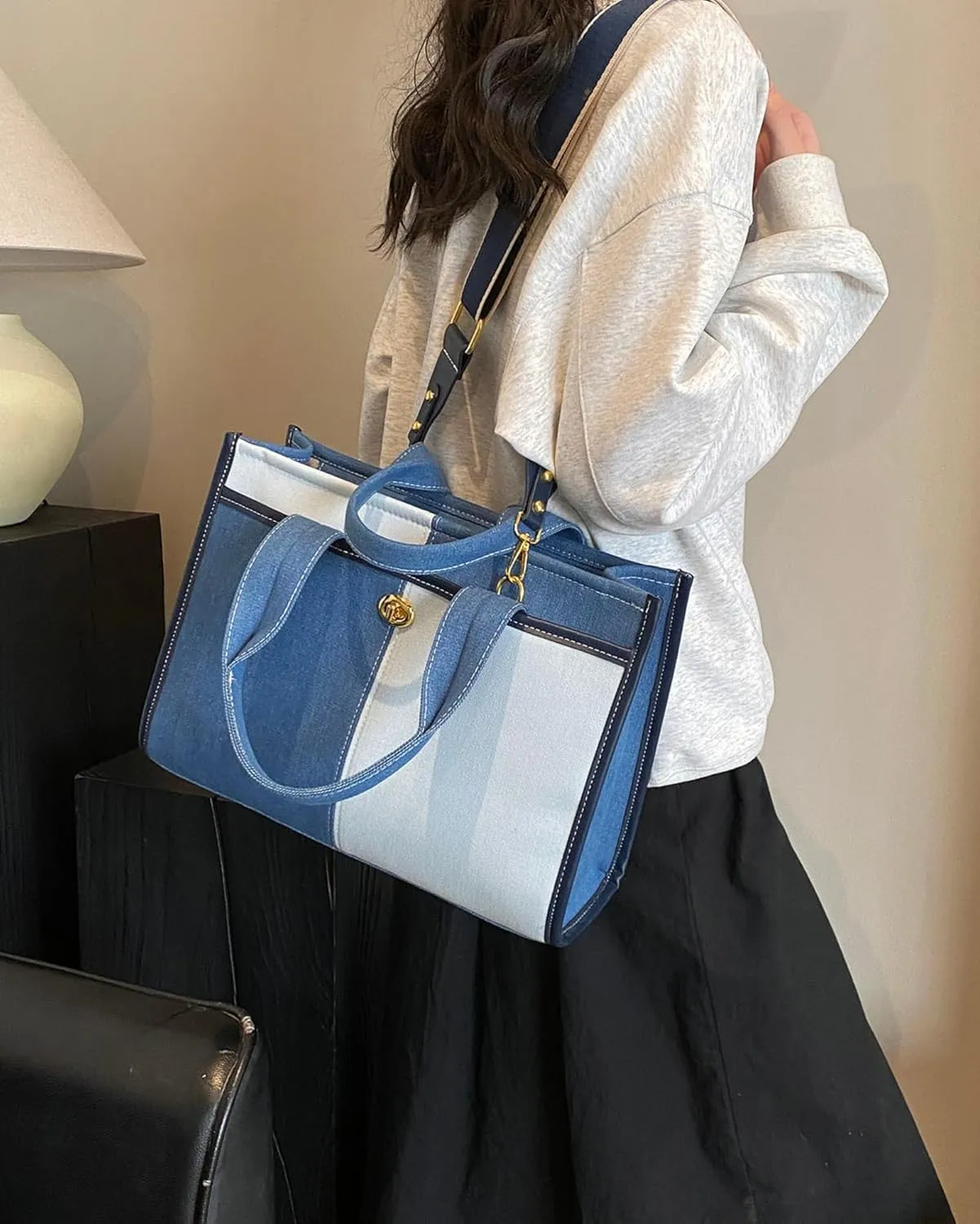 Makukke Denim Tote Bag for Women Large Shoulder Bag Handbag for Work Office Travel Shopping