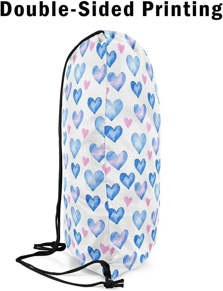 Manfei Love Heart Print Drawstring Backpack Pink Blue Heart Romantic Sackpack for Beach Swimming Pool Valentine's Day Simple Chic Draw String Bags Waterproof Sports Gym