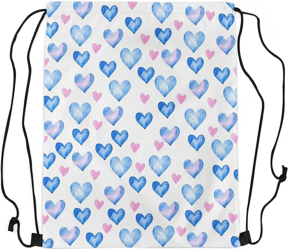 Manfei Love Heart Print Drawstring Backpack Pink Blue Heart Romantic Sackpack for Beach Swimming Pool Valentine's Day Simple Chic Draw String Bags Waterproof Sports Gym