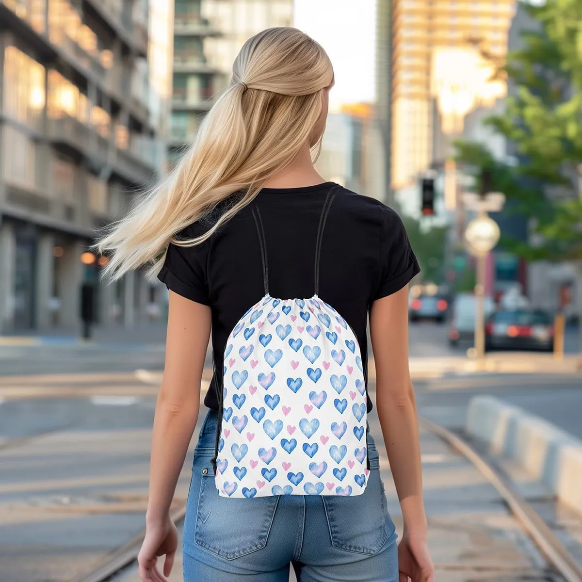 Manfei Love Heart Print Drawstring Backpack Pink Blue Heart Romantic Sackpack for Beach Swimming Pool Valentine's Day Simple Chic Draw String Bags Waterproof Sports Gym