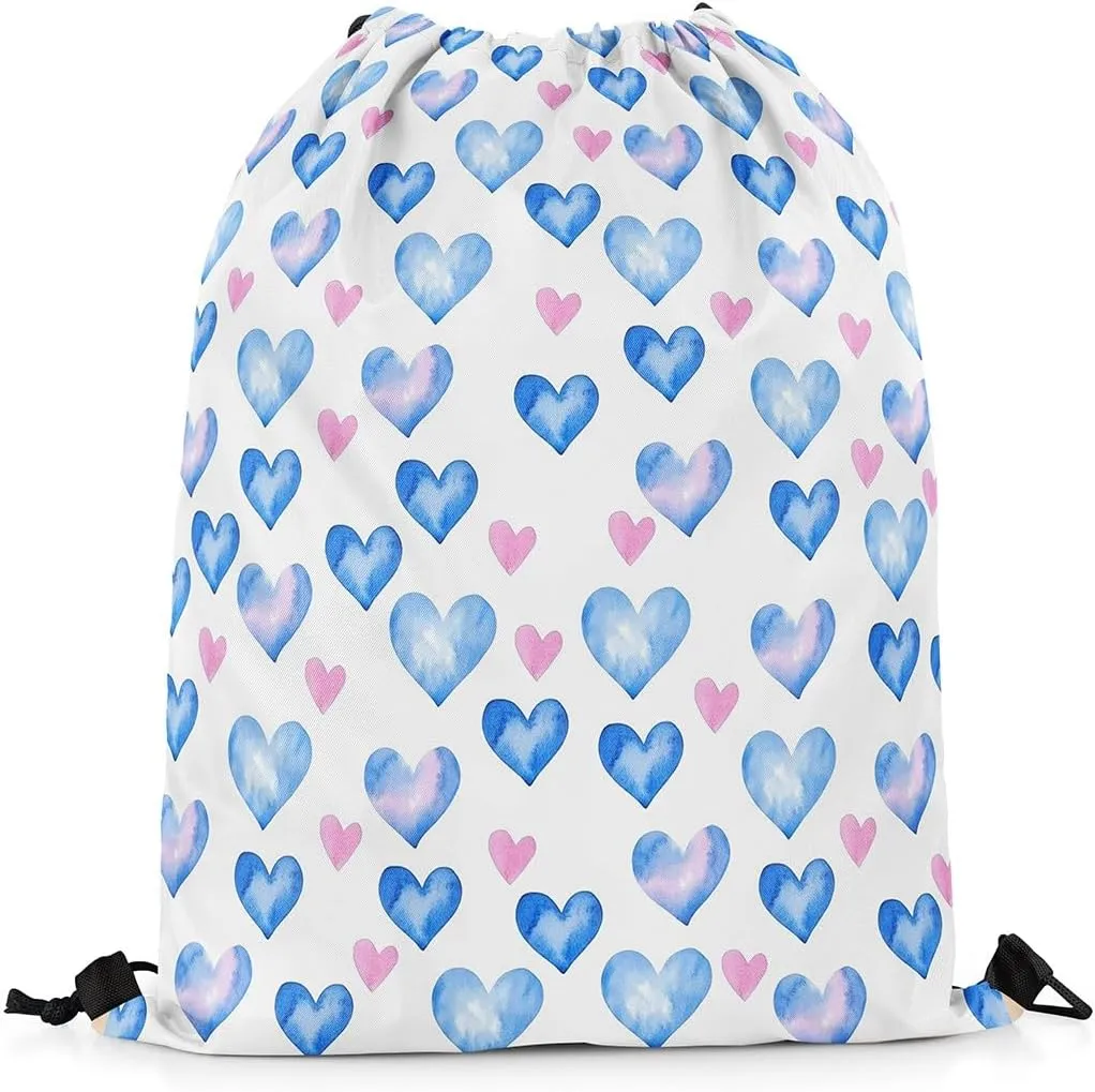 Manfei Love Heart Print Drawstring Backpack Pink Blue Heart Romantic Sackpack for Beach Swimming Pool Valentine's Day Simple Chic Draw String Bags Waterproof Sports Gym