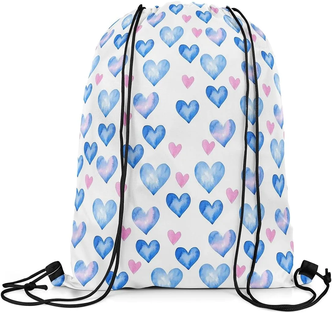 Manfei Love Heart Print Drawstring Backpack Pink Blue Heart Romantic Sackpack for Beach Swimming Pool Valentine's Day Simple Chic Draw String Bags Waterproof Sports Gym