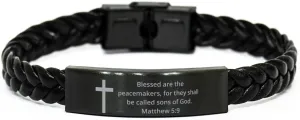 Matthew 5:9 Braided Leather Bracelet Christian Bible Verse Cross - Inspirational Engraved Religious Quote Faith God For Men Women, Personalized Gifts
