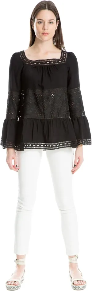 Max Studio London Womens Lace Woven Pullover Top Black S