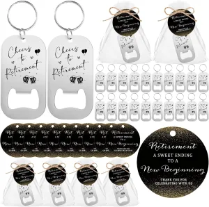 Maxcheck 25 Sets Retirement Party Favors for Guests Cheers to Retirement Beer Opener Keychain with Thank You Tags Organza Bags Black and Gold Decoration