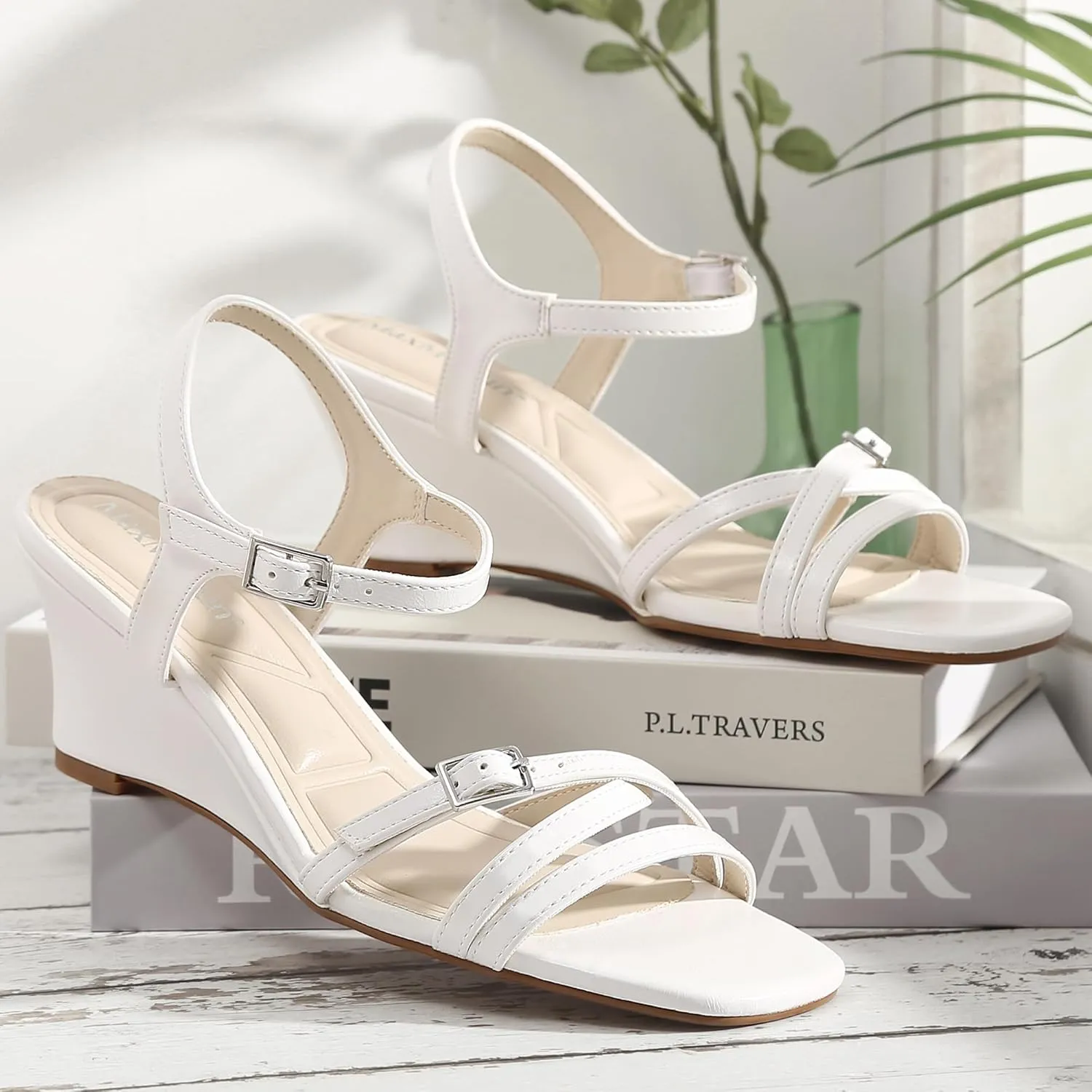 MaxMuxun Womens Wedge Sandals 2025 Square Toe Strappy Sandals 2.75 Inch Wedges Heels Dress Shoes for Women